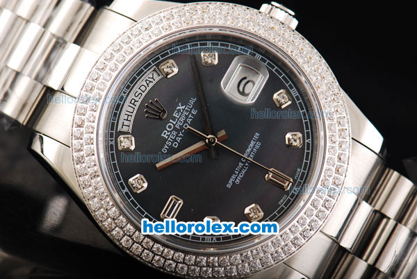 Rolex Day Date II Automatic Movement Full Steel with Double Row Diamond Bezel-Diamond Markers and Black MOP Dial - Click Image to Close
